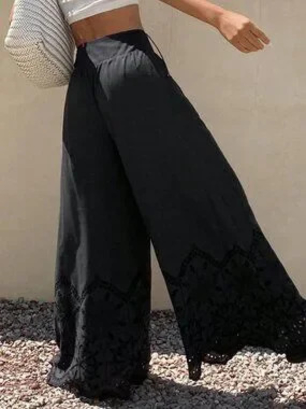 Black Boho Women's Lace Tie-Up Hollow Out Pants